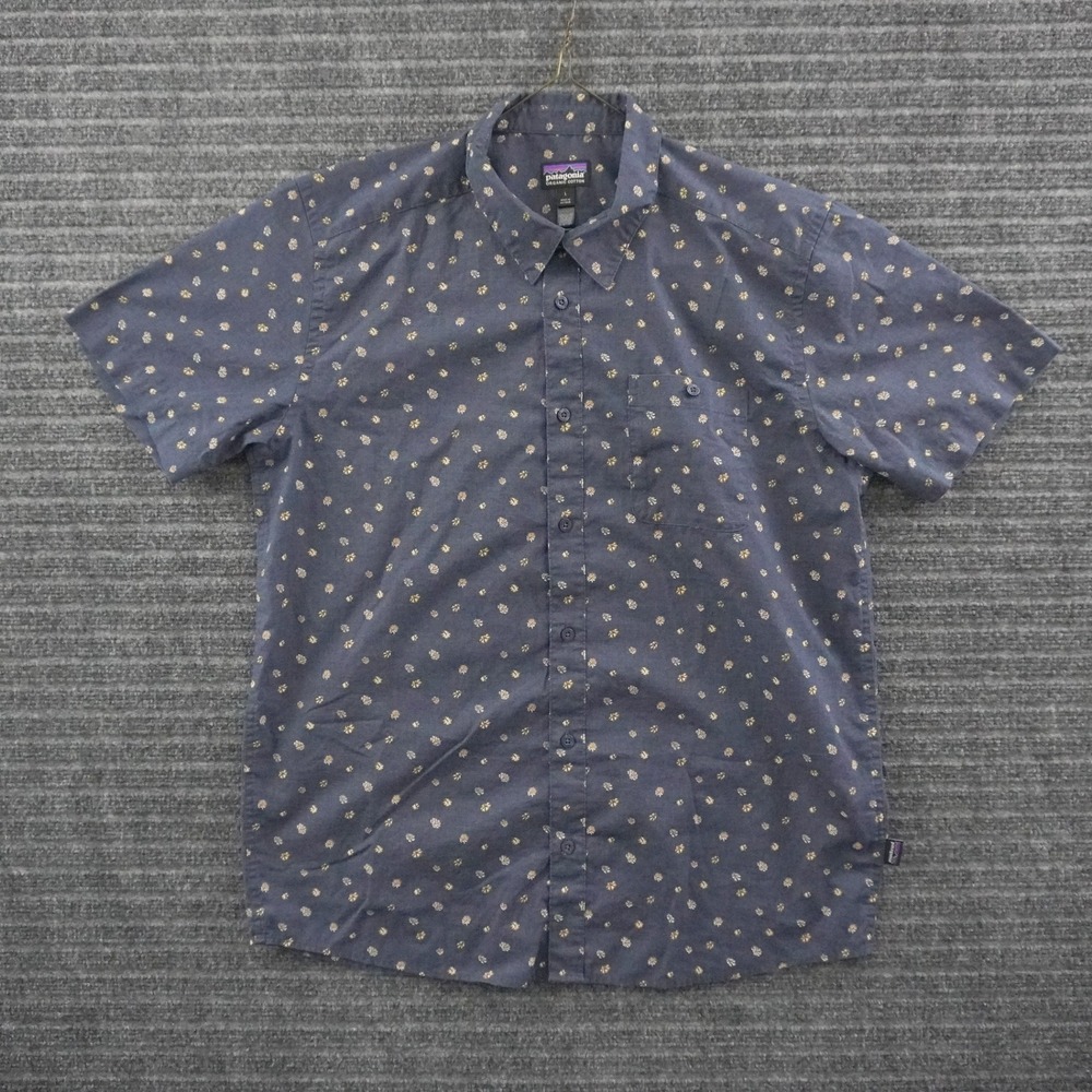 Patagonia Button Down Shirt Mens L Blue Organic Cotton Leaf Print Short Sleeve